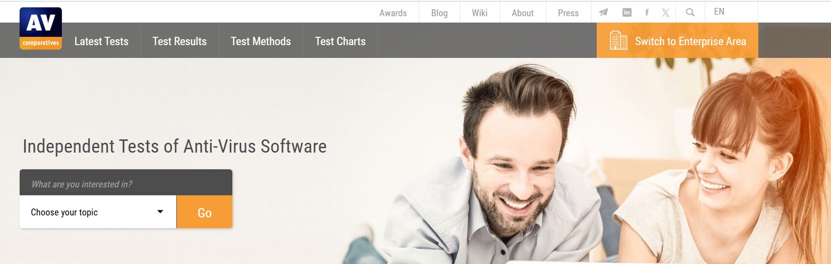 AV-Comparativesのトップページ。ウイルス対策ソフトの独立テストを提供する公式サイトのスクリーンショット