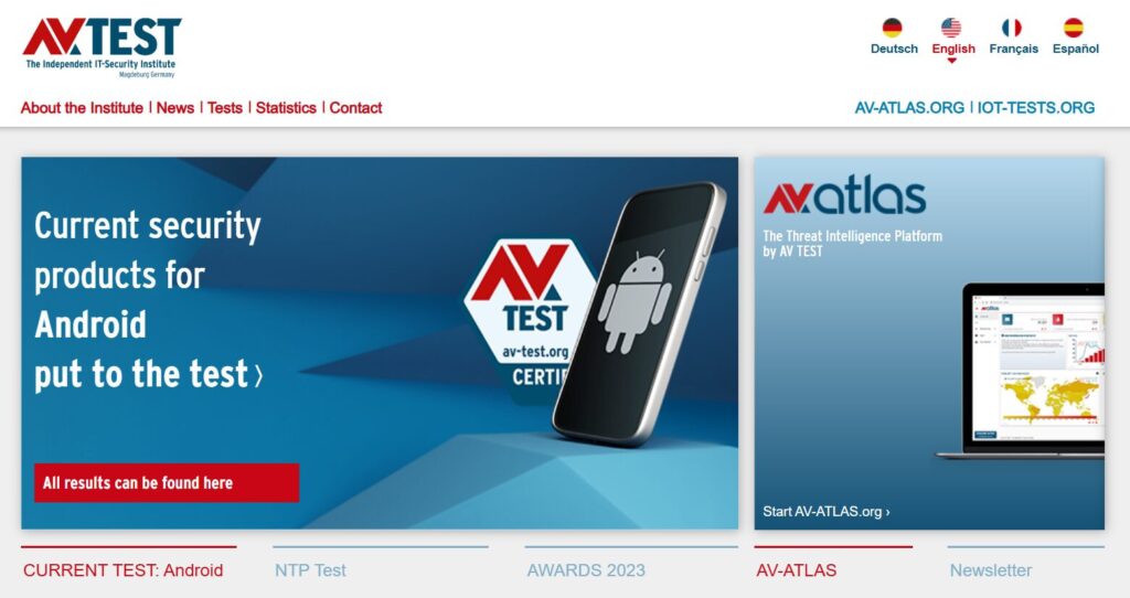 AV-TEST公式サイトのトップページ。Android向けセキュリティ製品のテスト結果を紹介するバナーが表示されている
