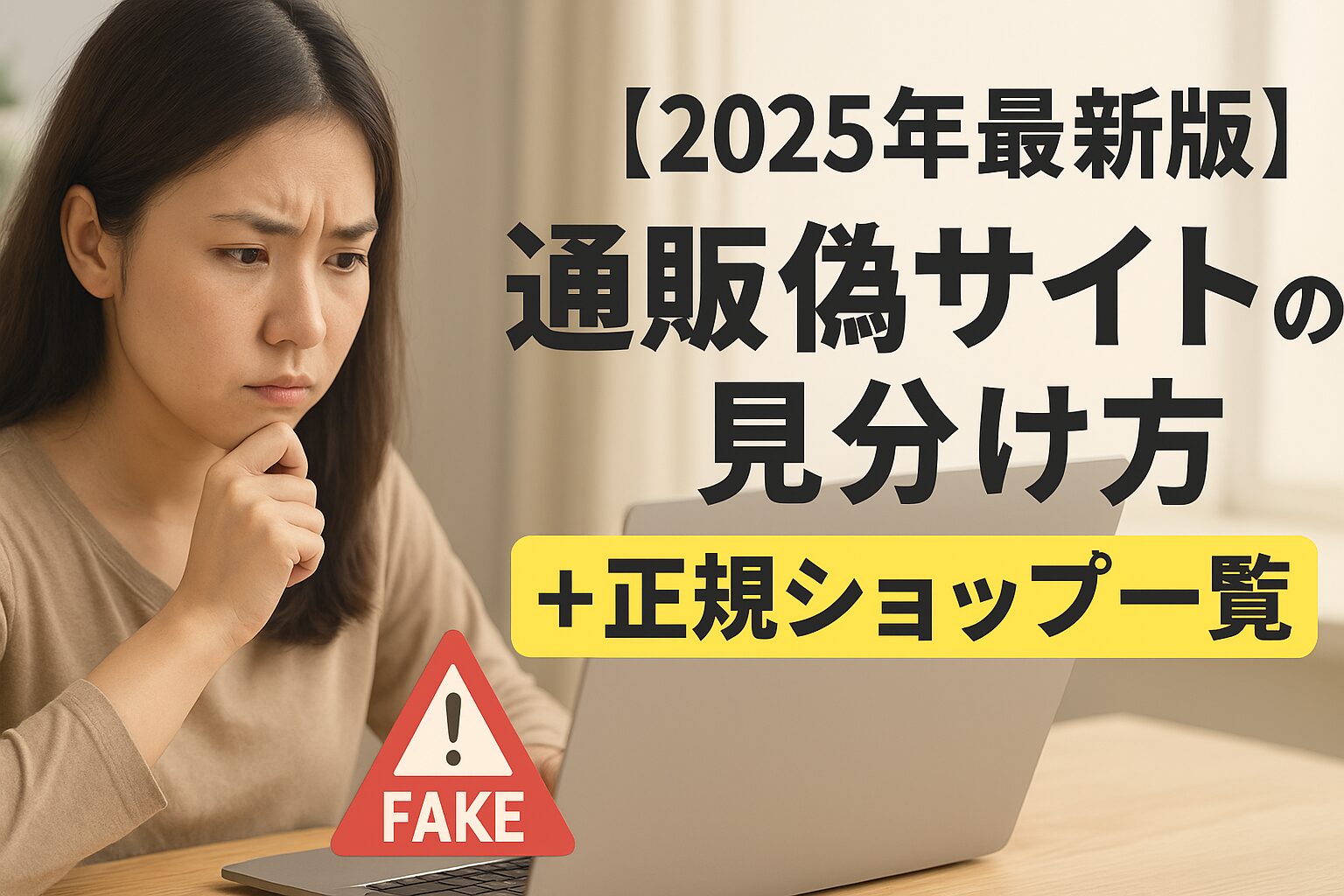 偽通販サイトを警戒する女性と、赤いFAKEマークが表示されたノートパソコンの画像。2025年最新版として偽サイトの見分け方と正規ショップ情報を紹介する内容に関連