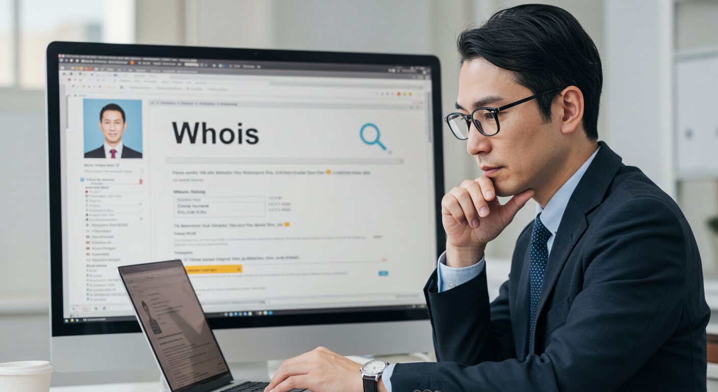 Whois検索でウェブサイトの運営者情報を調べている男性の写真。パソコン画面には「Whois」の文字が表示され、ドメイン所有者の確認方法を解説する記事のイメージ画像として使用。