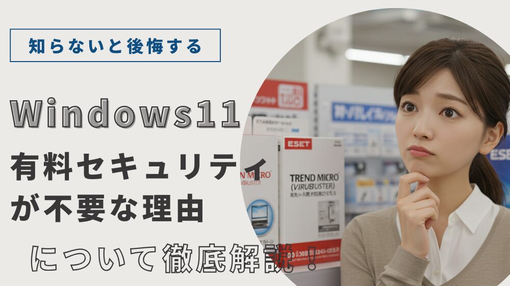 有料セキュリティソフトが不要な理由について説明するWindows11向けの案内バナー。ESETやTREND MICROのパッケージ前で考え込む女性の写真と『知らないと後悔する」という見出し