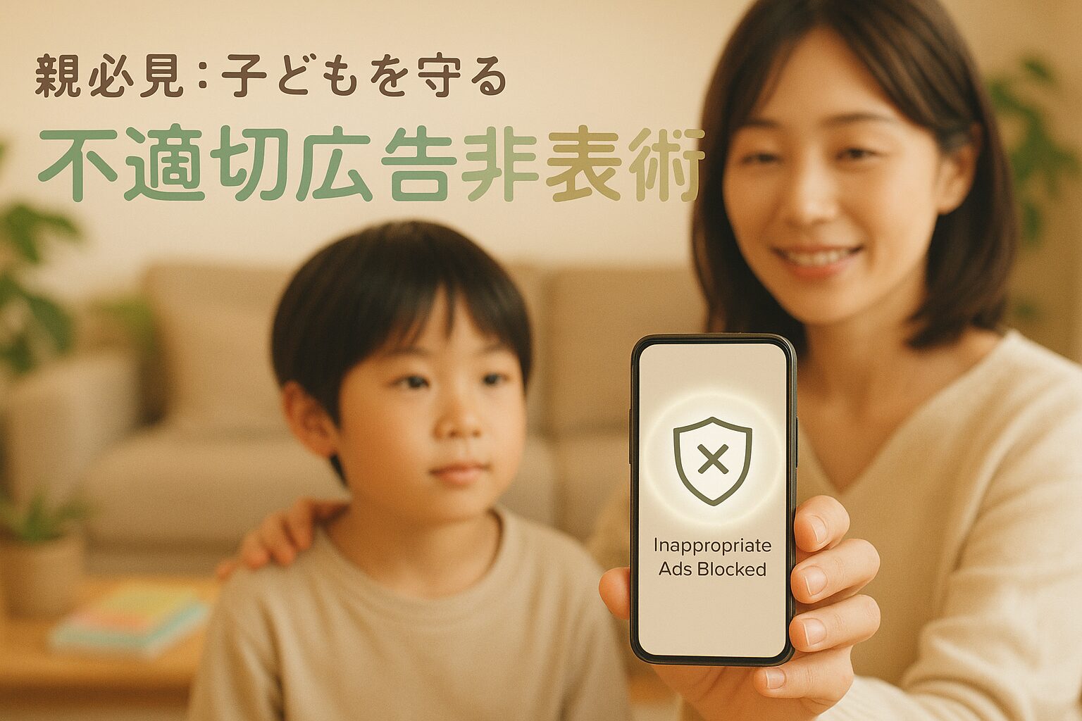 スマートフォンに「Inappropriate Ads Blocked（不適切広告ブロック）」と表示されている画面を母親が見せている。隣には小さな男の子がおり、「親必見：子どもを守る 不適切広告非表示術」との文字が画像上部に記載されている。