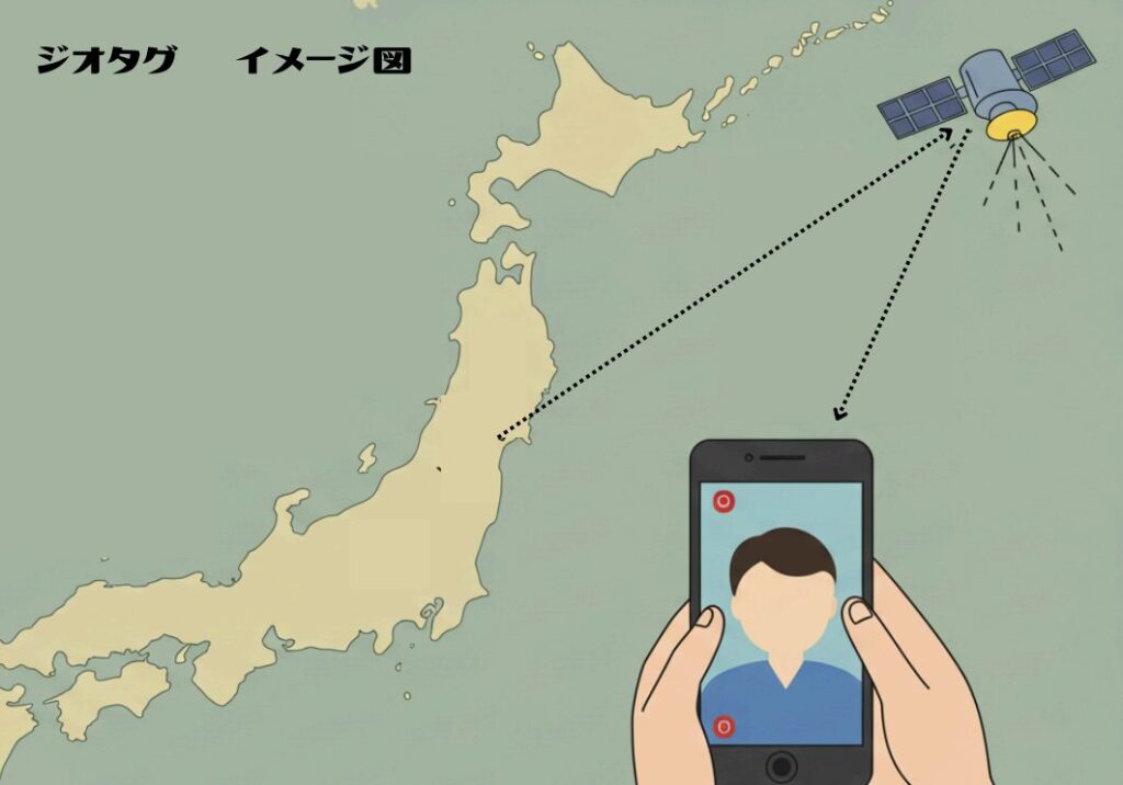 スマホで撮影した写真に位置情報（ジオタグ）が付与される仕組みを示した図。スマホ、GPS衛星、日本地図が描かれている。