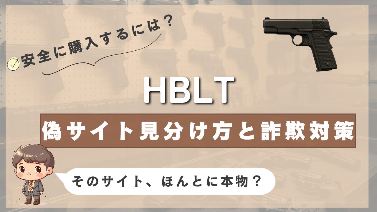 HBLTの偽サイト対策を解説する画像。背景にはモデルガンが陳列されており、「そのサイト、本当に本物？」という警告文付き。