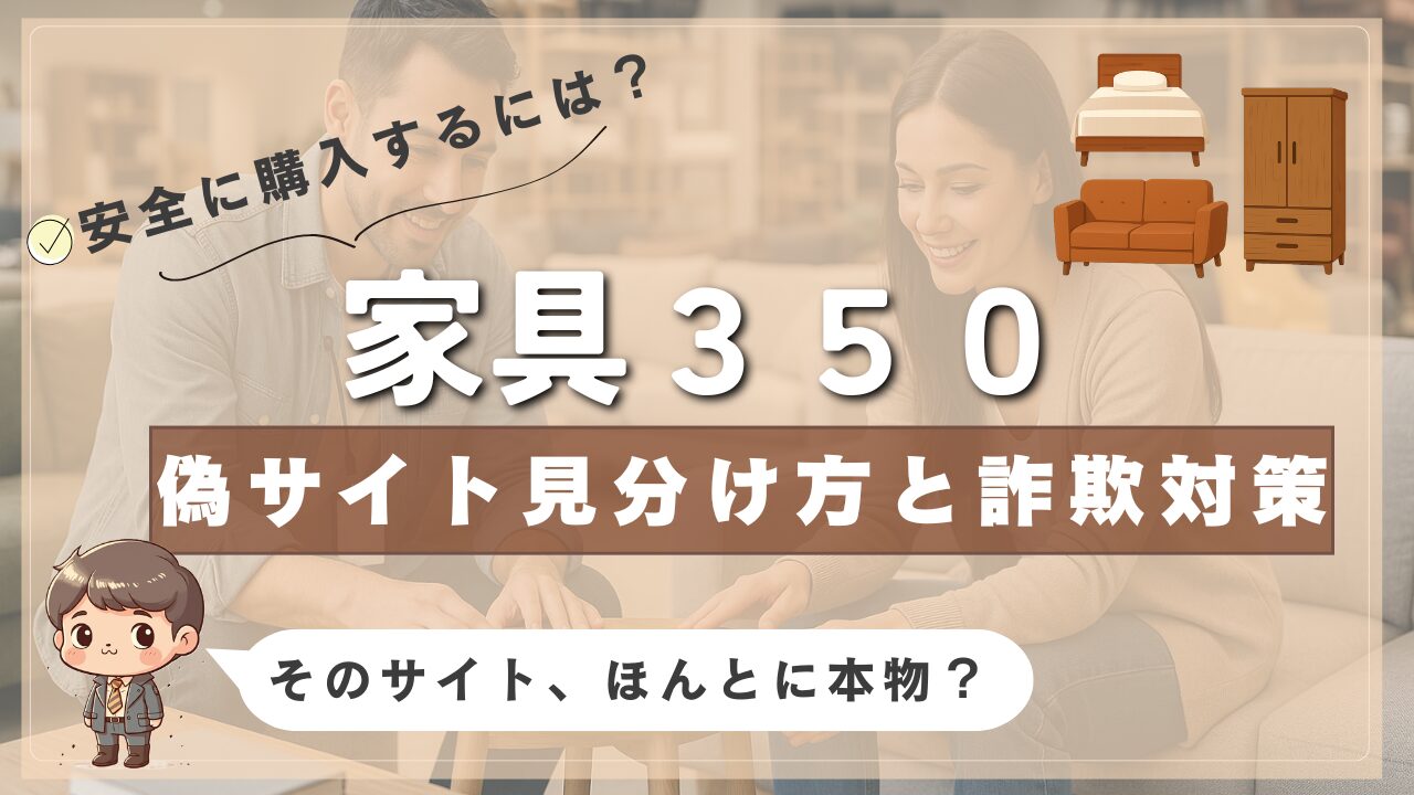 家具350の偽サイト対策と見分け方を説明する画像。家具を選ぶ男女の写真付き