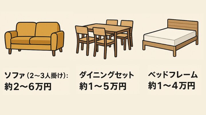 ソファ、ダイニングセット、ベッドフレームの平均価格を示した家具350の価格ガイド