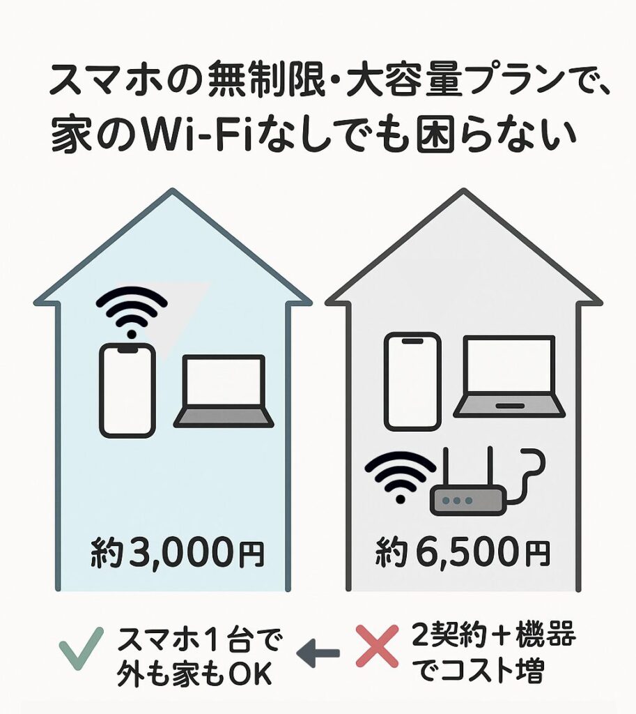 スマホ1台で通信をまかなう無制限プランと、自宅Wi-Fiを併用した場合の月額料金比較。無制限プランなら約3,000円、自宅Wi-Fi併用なら約6,500円とされており、コスト面での違いが図解されている。
