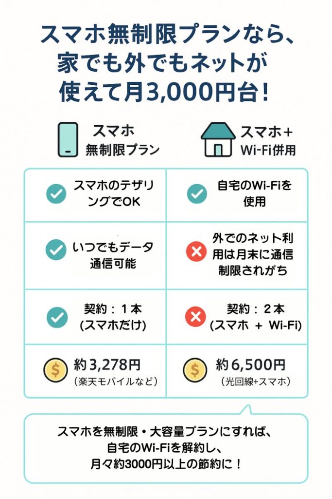 スマホの無制限プランとWi-Fi併用プランの料金や契約内容を比較した図。月々の通信費を3,000円台に抑えられる例として、楽天モバイルなどの紹介もあり。