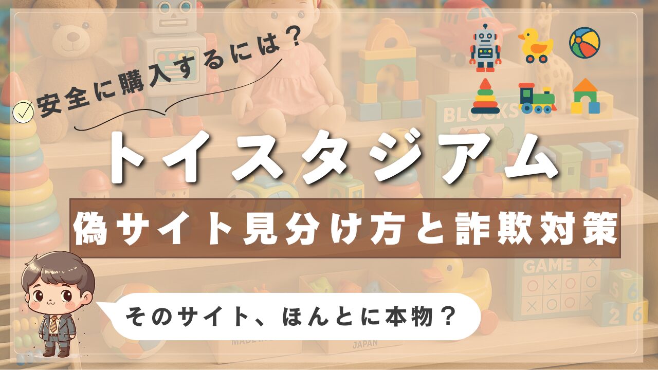 トイスタジアムの偽サイト見分け方と詐欺対策を紹介する画像。背景には木製のおもちゃや人形が並び、「そのサイト、本当に本物？」と警告するメッセージ入り。