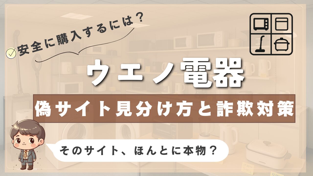 ウエノ電器の偽サイトを見分ける方法と詐欺対策を紹介する画像。背景には家電製品が並び、右上には電子レンジや掃除機などのアイコン、「そのサイト、ほんとに本物？」という注意書きが表示されている。