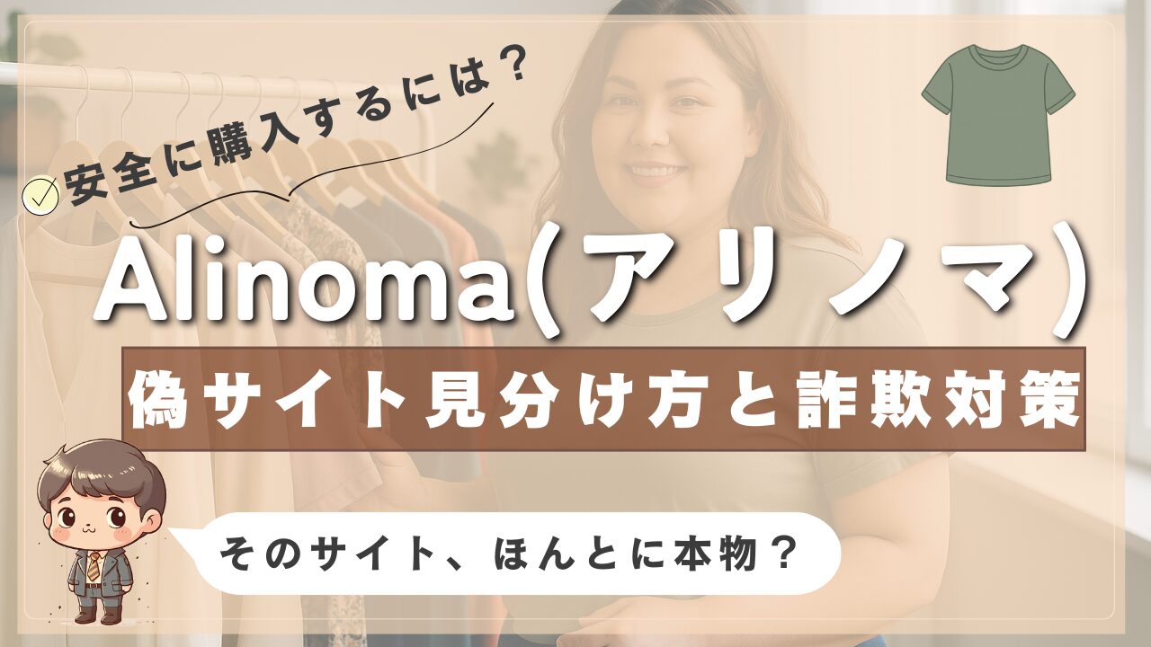 Alinoma（アリノマ）の偽サイトを見分ける方法と詐欺対策を紹介する画像。背景には服を選んでいる女性と、Tシャツのイラストが描かれている。左下にはキャラクターと「そのサイト、ほんとに本物？」の吹き出しがある。