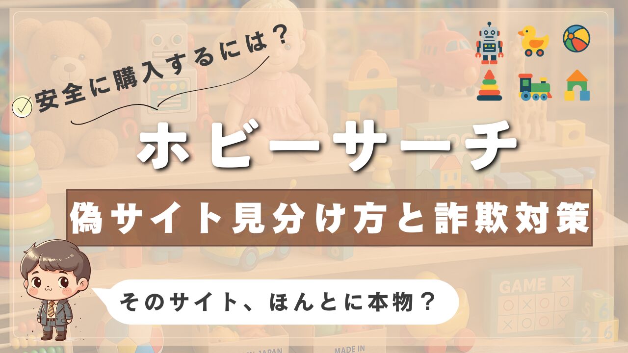 ホビーサーチの偽サイトを見分ける方法と詐欺対策を解説する画像。背景にはおもちゃや人形が並び、右上には飛行機やロボット、汽車などのアイコンが配置され、「そのサイト、ほんとに本物？」と注意を促している。