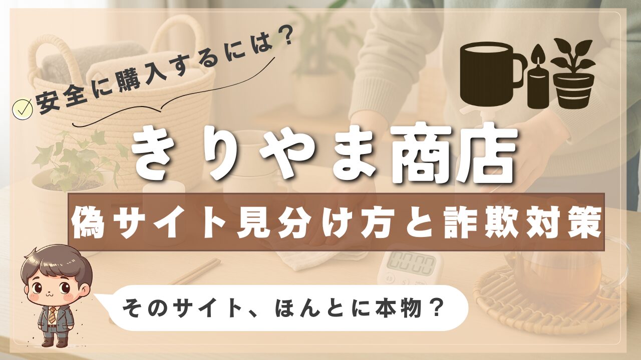 きりやま商店の偽サイトを見分ける方法と詐欺対策を紹介する画像。背景にはティータイムの様子があり、右上にマグカップ・キャンドル・観葉植物のイラスト、左下にはスーツ姿のキャラクターと「そのサイト、ほんとに本物？」の吹き出しが表示されている。