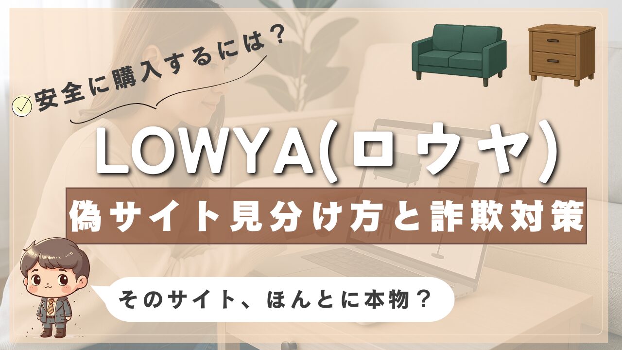 LOWYA（ロウヤ）の偽サイトを見分ける方法と詐欺対策を紹介する画像。背景には女性がノートパソコンを見ている様子と、家具のイラスト（ソファとチェスト）が配置されている。左下には「そのサイト、ほんとに本物？」の吹き出しとキャラクターが描かれている。