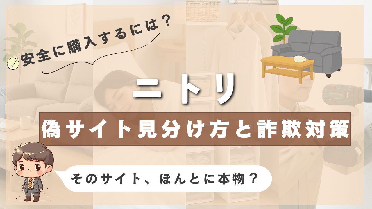ニトリの偽サイトを見分ける方法と詐欺対策を紹介する画像。背景にはリビング家具、クローゼット収納、DIY作業風景が表示されており、右上にはソファとローテーブルのイラスト。左下にはスーツ姿のキャラクターと「そのサイト、ほんとに本物？」の吹き出し。