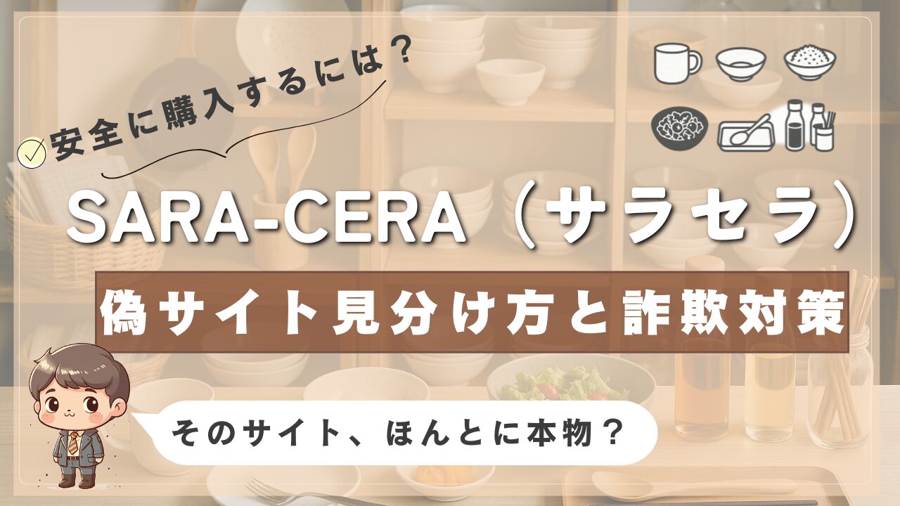 SARA-CERA（サラセラ）の偽サイトを見分ける方法と詐欺対策を紹介する画像。背景には食器棚やサラダ皿、調味料などのキッチン用品が並び、右上にはお椀や調味料ボトルなどのイラストが配置されている。