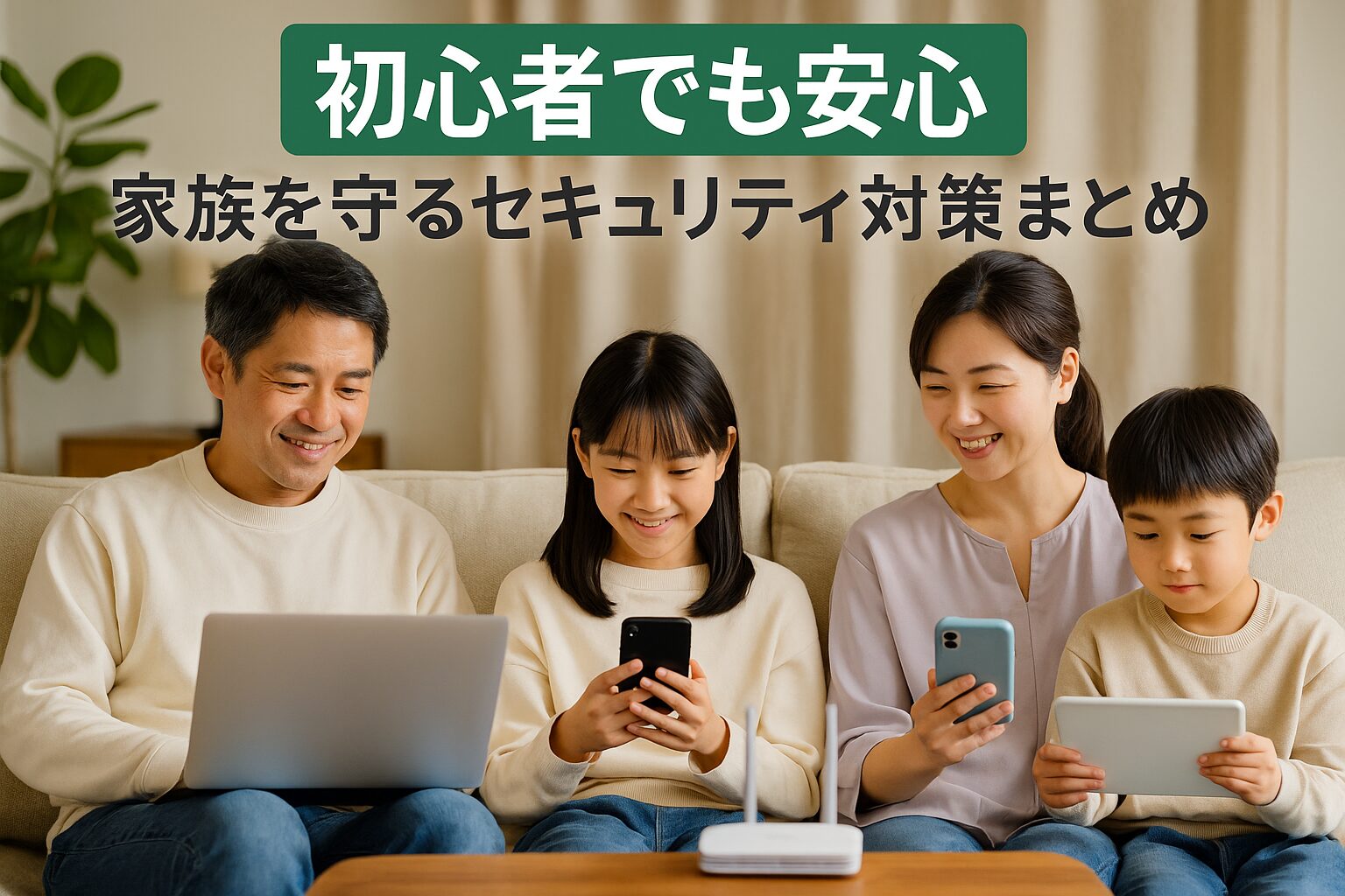 家族全員でパソコンやスマホを使っている様子。初心者でも安心できるセキュリティ対策まとめのイメージ。