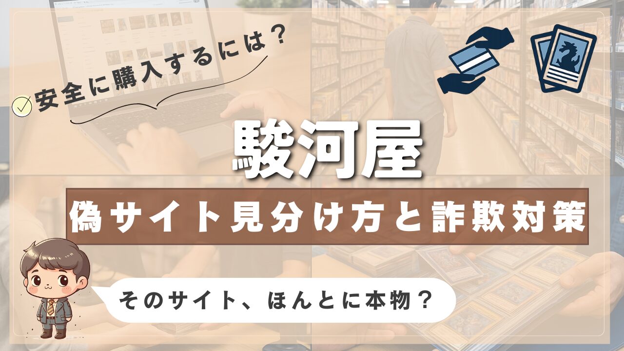 駿河屋の偽サイトを見分ける方法と詐欺対策を案内する画像。背景にはパソコンでの検索やカード売り場の様子、トレーディングカードを手にする人の写真が使われており、右上にはカードのアイコンが表示されている。