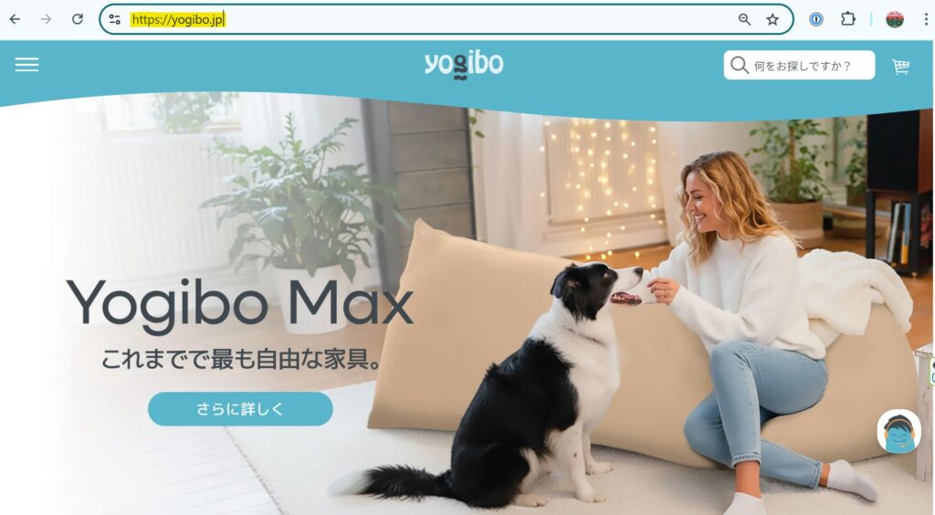ヨギボーのビーズソファ「Yogibo Max」に座る女性と犬がリビングでくつろぐシーン