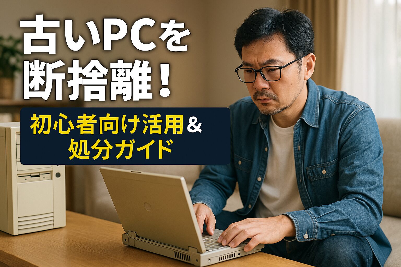 古いノートパソコンを操作する男性の画像。テキストに「古いPCを断捨離！初心者向け活用＆処分ガイド」と書かれている