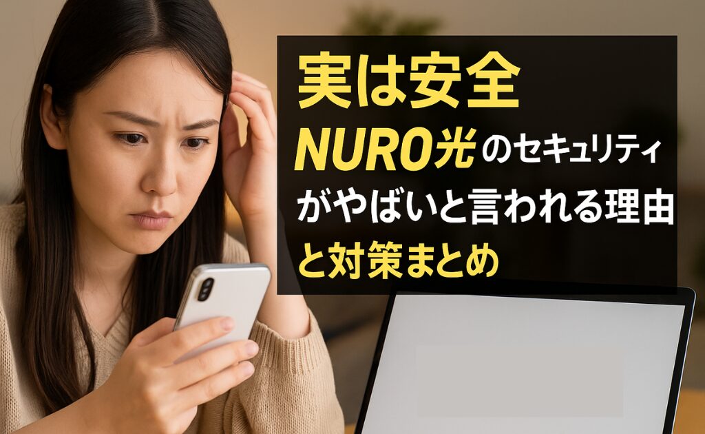 スマートフォンの画面を見て不安そうな女性と「実は安全 NURO光のセキュリティがやばいと言われる理由と対策まとめ」というテキストのサムネイル画像。