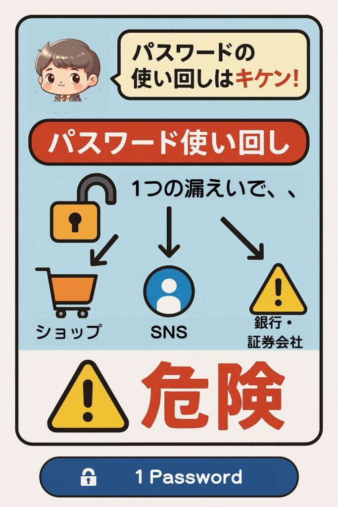 パスワードの使い回しによる危険性を示すイラスト。1つの漏えいでショップやSNS、銀行など複数のサービスに被害が広がるリスクを警告している。