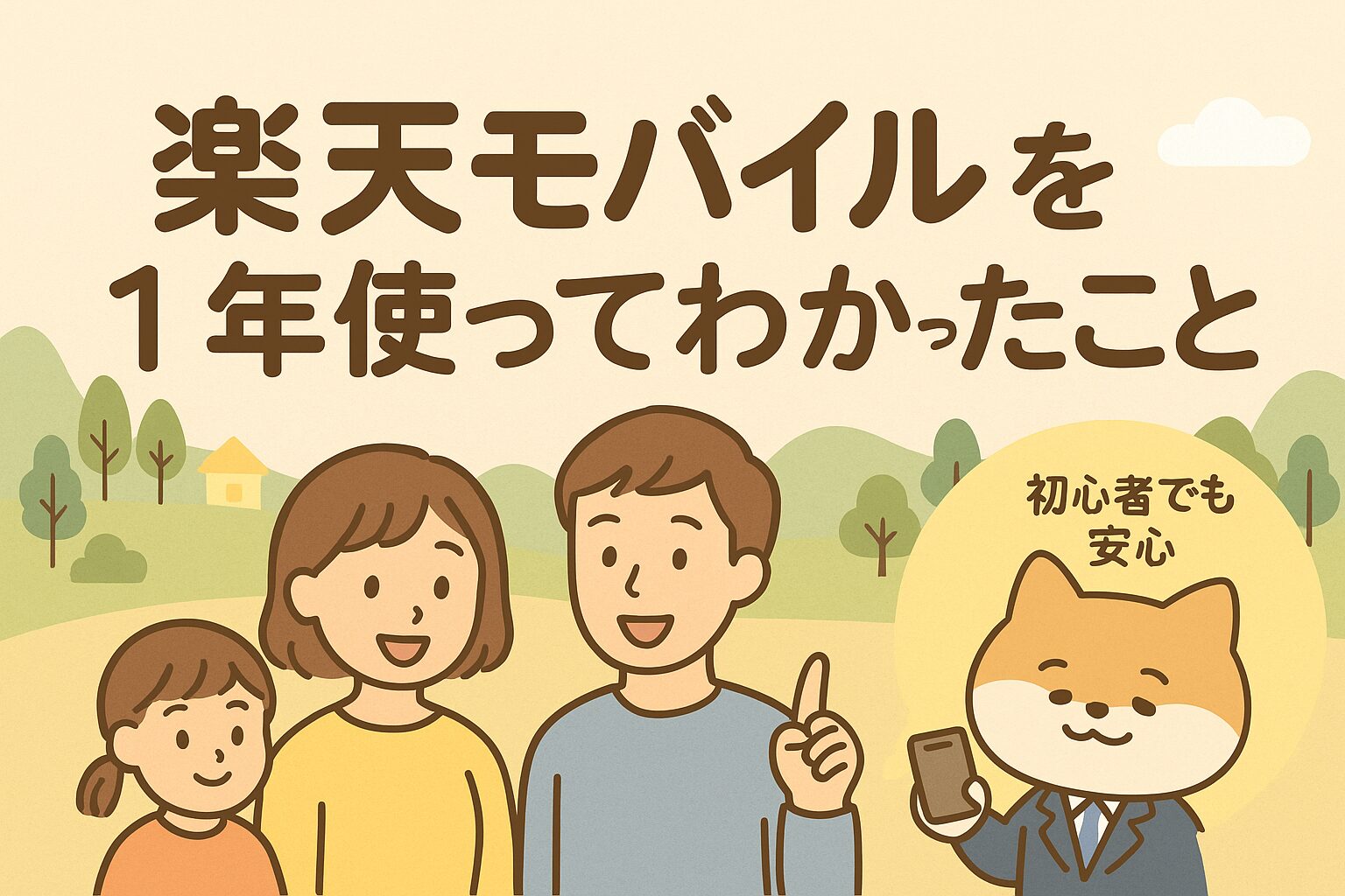 楽天モバイルを1年間使ってわかったことを紹介するイラスト。家族3人とスマホを持った柴犬キャラクターが登場し、「初心者でも安心」と書かれている。