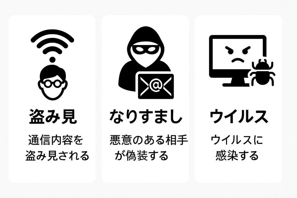 フリーWi-Fiの危険性を示す図。盗み見、なりすまし、ウイルス感染のリスクがイラスト付きで解説されている。