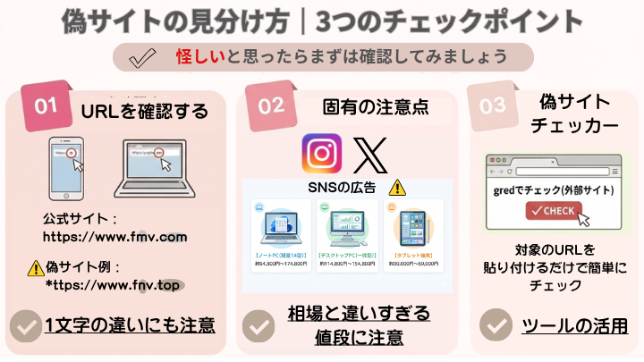 偽サイトの見分け方3つのチェックポイント：①URLを確認する（公式https://www.fmv.com と偽サイト例*ttps://www.fnv.topの1文字違いに注意）②InstagramやXのSNS広告で相場と違いすぎる値段に注意③偽サイトチェッカー「gred」でURLを貼り付けてチェック