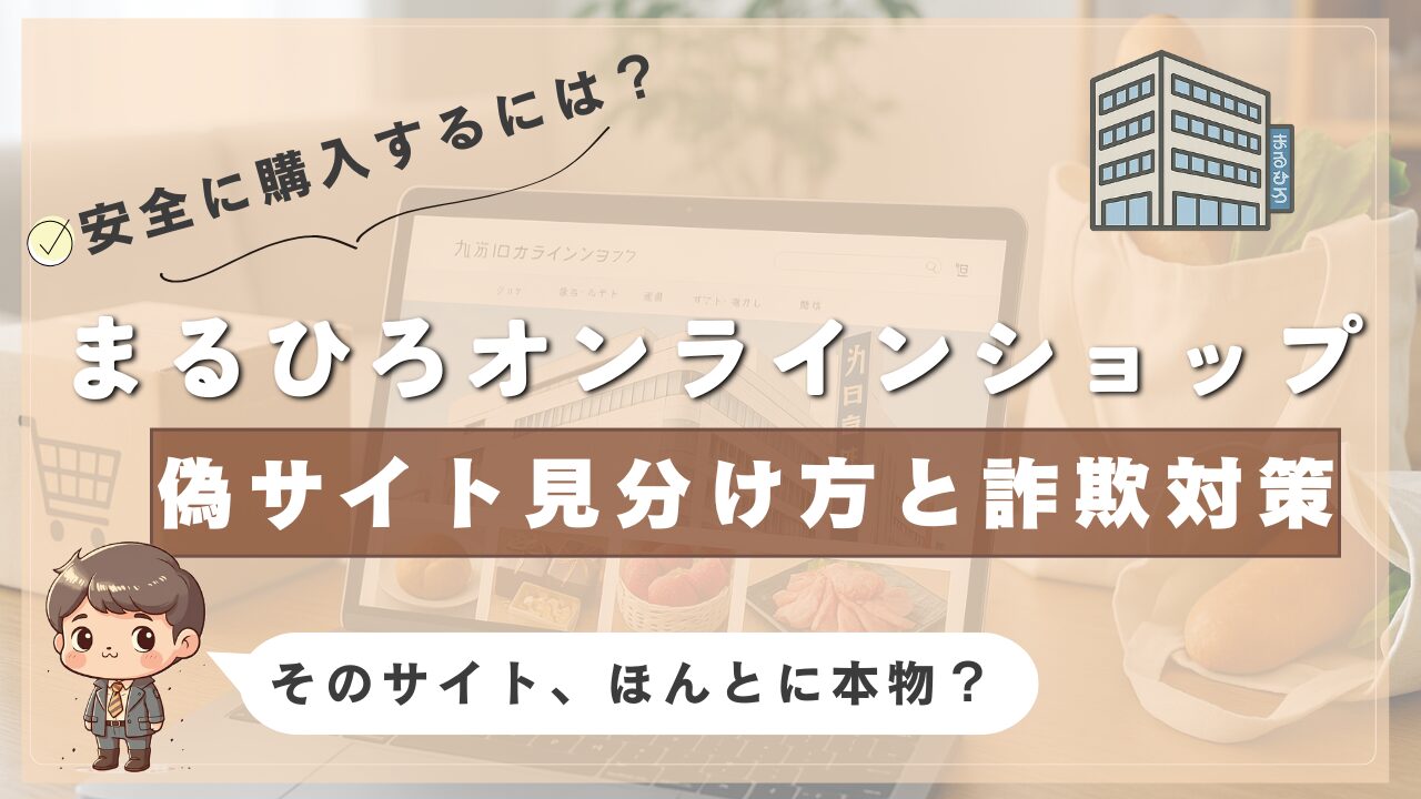 まるひろオンラインショップの偽サイト対策を解説するアイキャッチ画像。「安全に購入するには？」「そのサイト、ほんとに本物？」という文字入り。