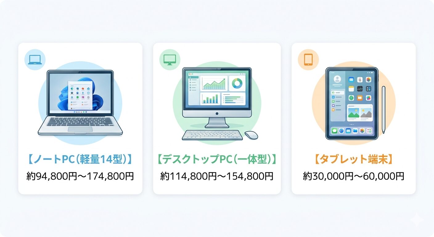 ノートPC（軽量14型）約94,800円〜174,800円、デスクトップPC（一体型）約114,800円〜154,800円、タブレット端末約30,000円〜60,000円の3種類のデバイス別価格帯比較図