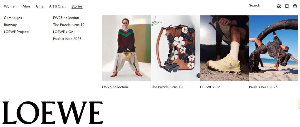 LOEWEのFW25コレクションやコラボ情報を紹介するストーリーメニュー画面