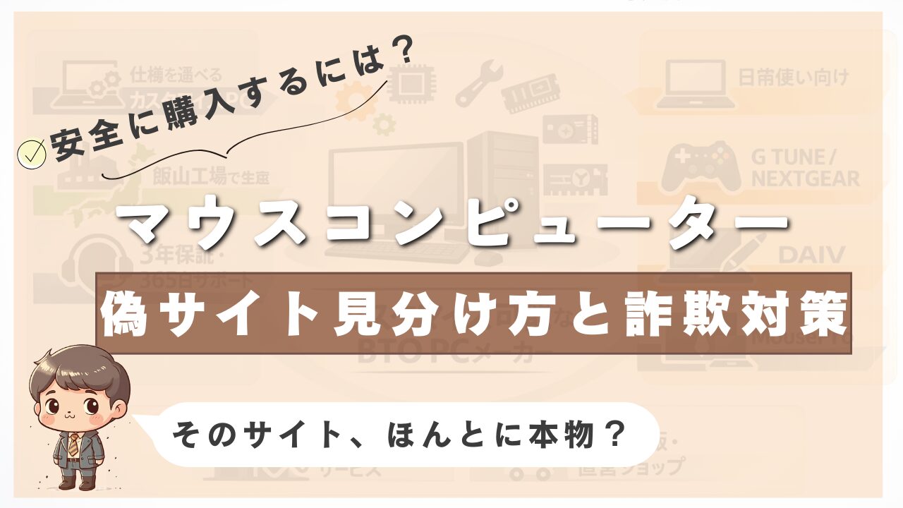 マウスコンピューター購入時に注意すべき偽サイトの見分け方と詐欺対策を解説するバナー