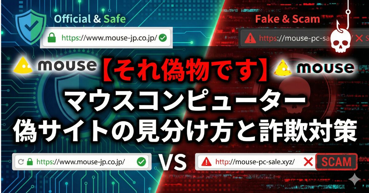 マウスコンピューターの正規サイトと偽サイトの違いを比較し、詐欺対策を解説するセキュリティ警告画像