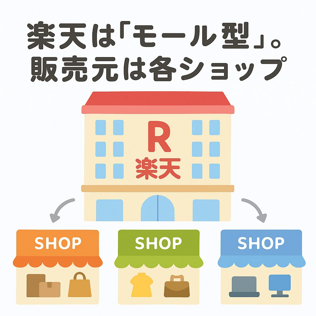 楽天市場がモール型であり、販売元が各ショップであることを示す図解