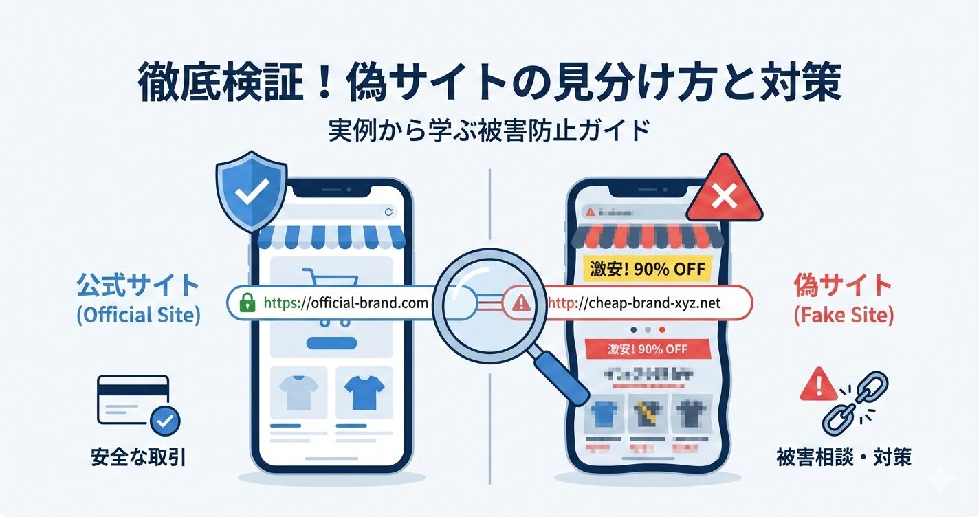 公式サイトと偽サイトを比較し、URLや表示の違いからフィッシング詐欺を見分けるポイントと対策を解説した図