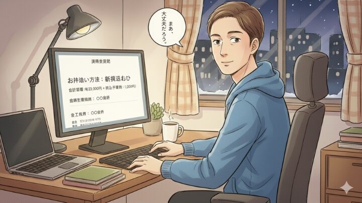 自宅のパソコンで補償や返金に関する案内文を確認し、問題が解決した様子を示すオンライントラブル対応の解説イラスト