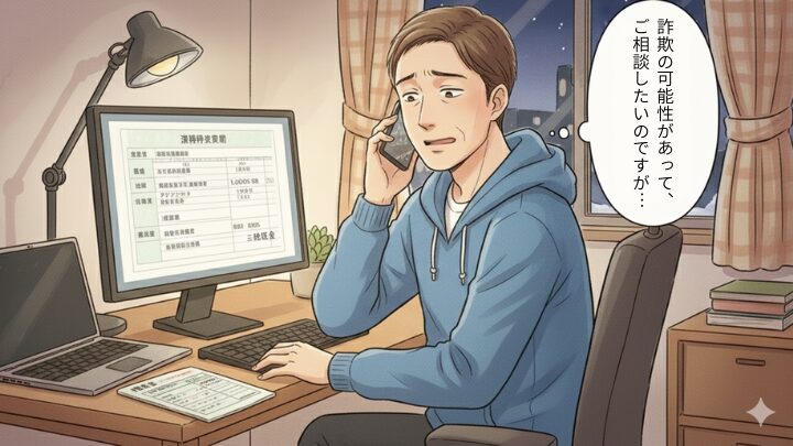 自宅で取引明細を確認しながら電話で詐欺の可能性について相談している様子を描いた、オンライン詐欺対策を解説するイラスト