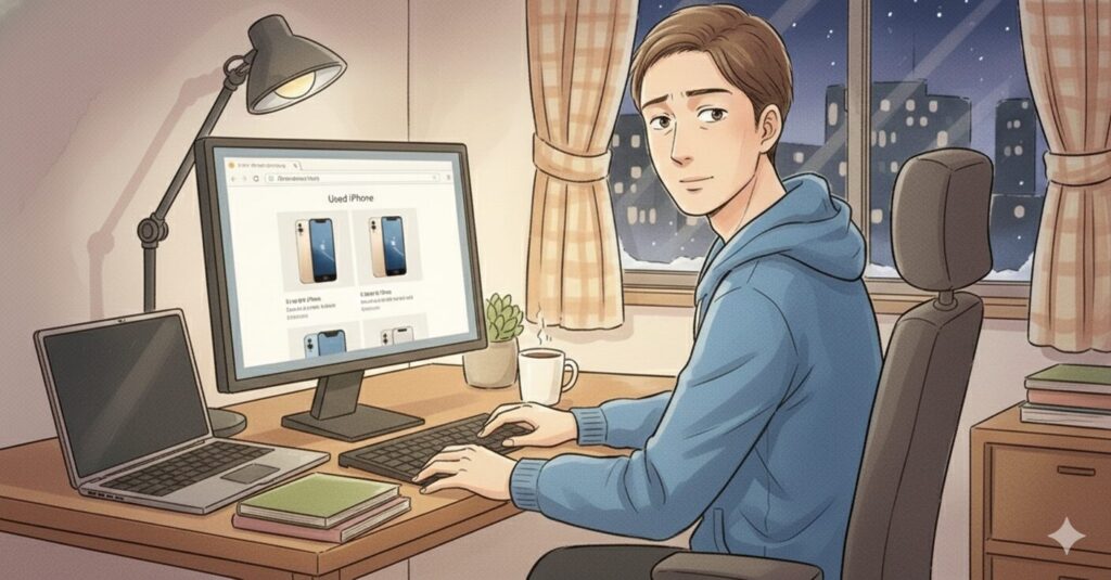 自宅で中古iPhoneの販売ページを閲覧しながら取引内容を確認する様子を描いた、フリマ利用時のセキュリティ注意点を解説するイラスト
