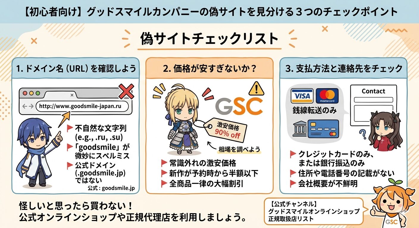 グッドスマイルカンパニーの偽サイトを見分ける3つのチェックポイント（ドメイン名・価格・支払方法）