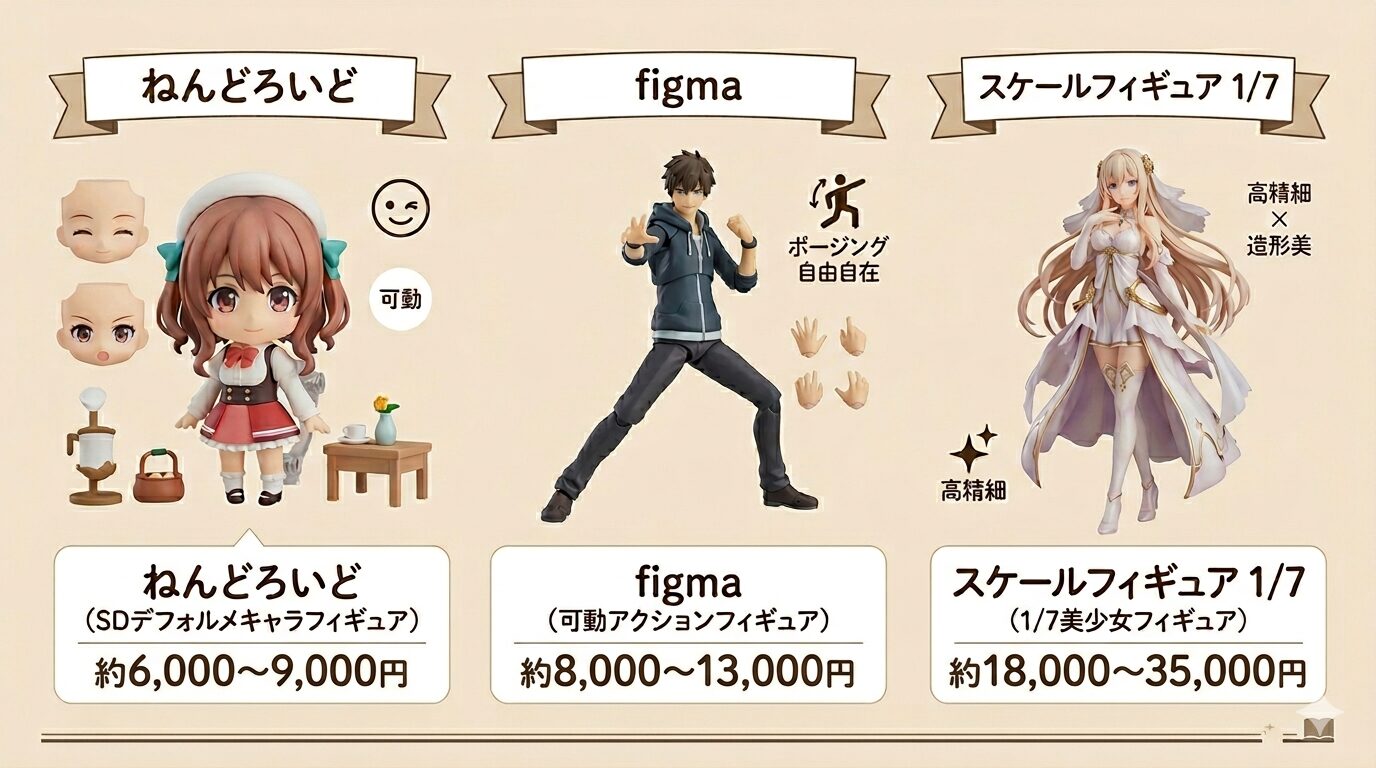 グッドスマイルカンパニーの主力フィギュア3カテゴリ（ねんどろいど・figma・スケールフィギュア1/7）の価格帯を比較したインフォグラフィック