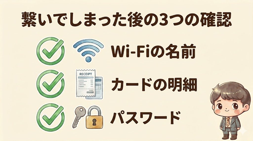 フリーWi-Fiに接続した後に確認する3つ(Wi-Fiの名前・カードの明細・パスワード)