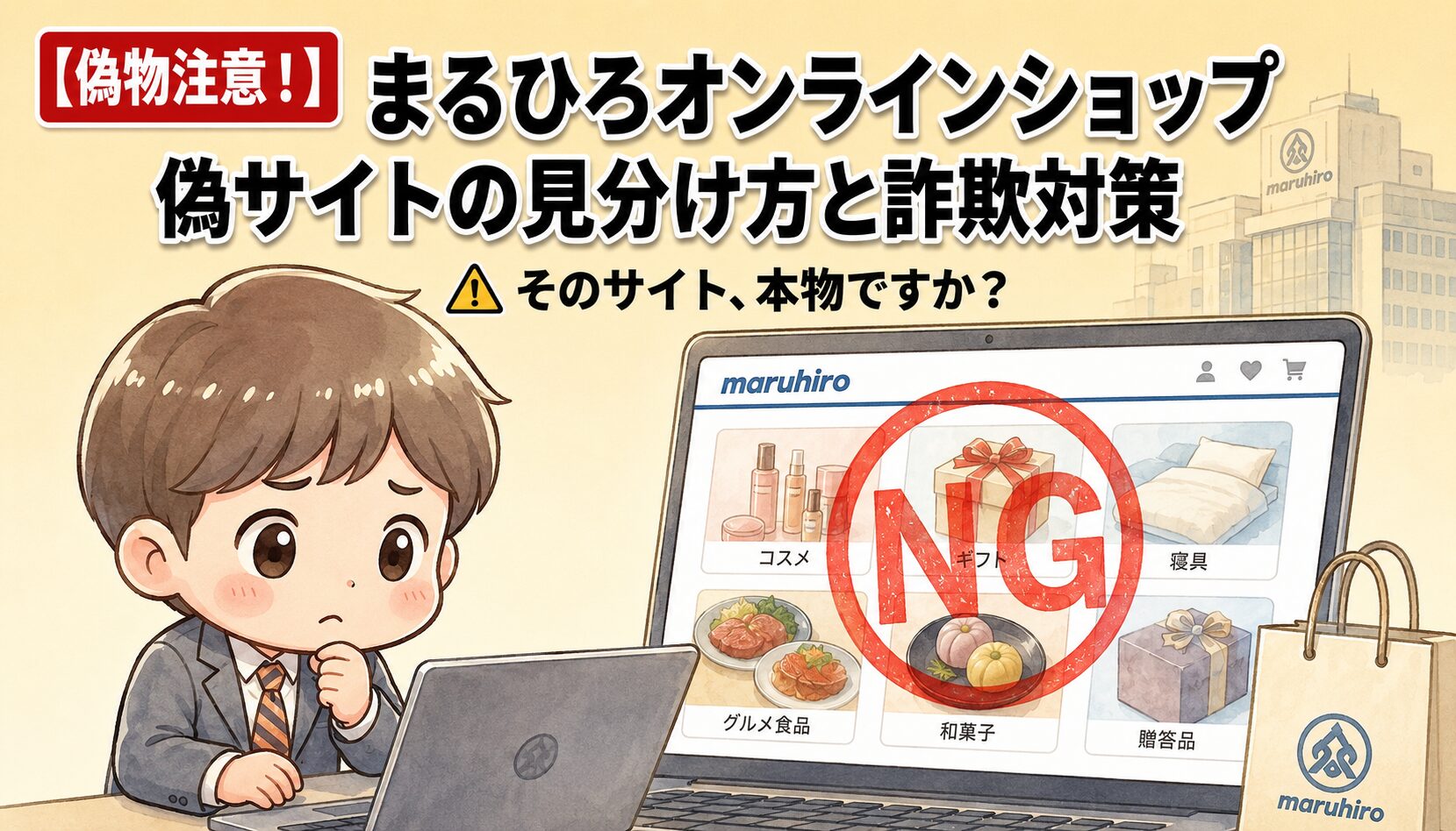 まるひろオンラインショップの偽サイト・フィッシング詐欺への注意喚起アイキャッチ（くりかつ＋百貨店EC・コスメ・ギフト・寝具・グルメ・贈答品をNG表示、maruhiroロゴ付き百貨店ビル・紙袋付き）