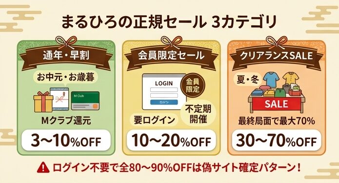 まるひろオンラインショップの正規セール3カテゴリ(通年・早割3〜10%、会員限定10〜20%、クリアランス30〜70%)と偽サイトの異常な80%超OFFを並べた啓発インフォグラフィック