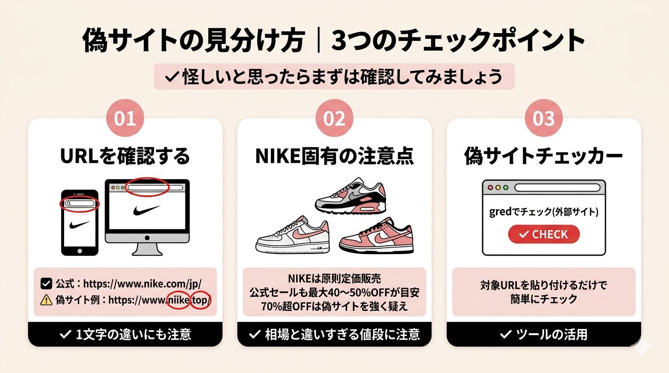 NIKEの偽サイトを見分ける3つのチェックポイント(URL確認・固有特徴・チェックツール)