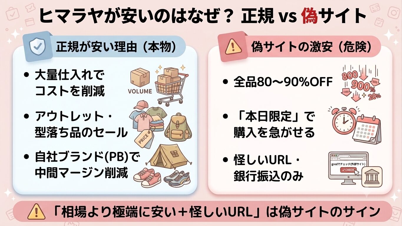 ヒマラヤが安い正規の理由(大量仕入れ・アウトレット・自社ブランド)と、偽サイトの極端な激安を対比した図
