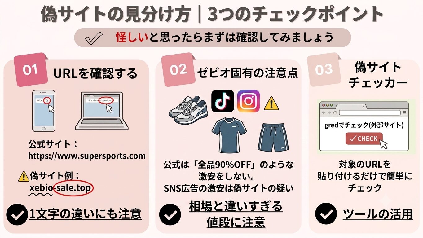 ゼビオの偽サイトを見分ける3つのチェックポイント（URL確認・固有特徴・チェックツール）