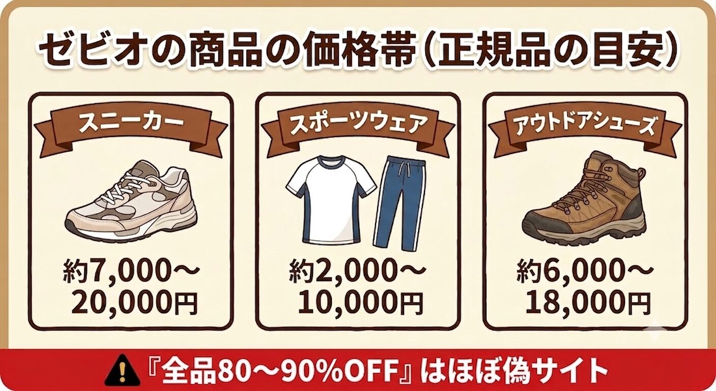 ゼビオで扱うスニーカー・ウェア・アウトドアシューズの価格帯比較図