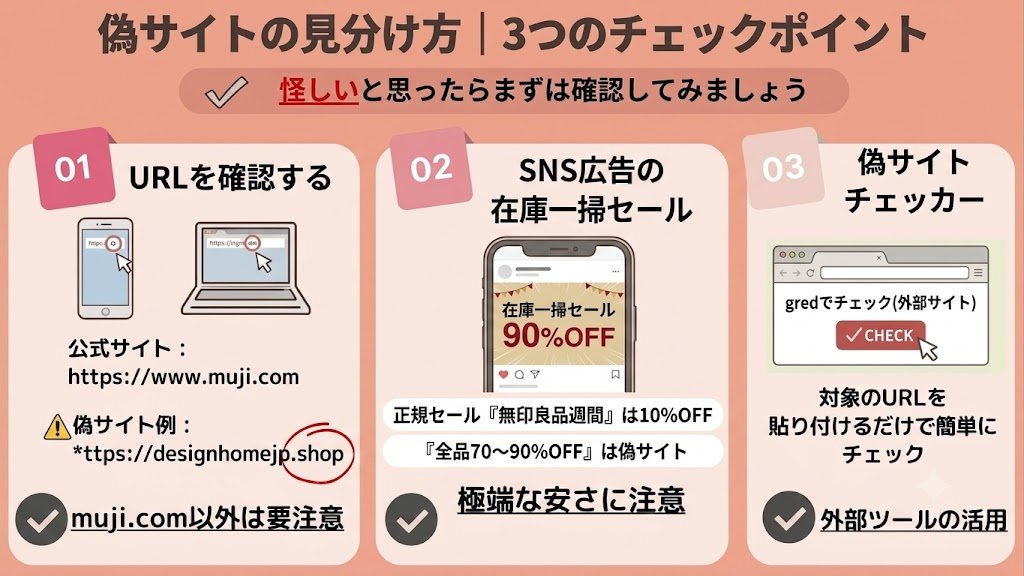 無印良品の偽サイトを見分ける3つのチェックポイント(URL確認・SNS広告の在庫一掃セール・チェックツール)