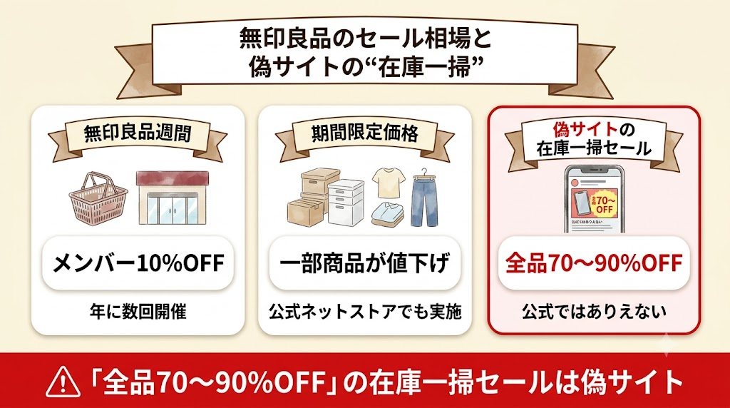 無印良品の正規セール相場(無印良品週間10%OFF・期間限定価格)と偽サイトの極端な在庫一掃セールを対比した図
